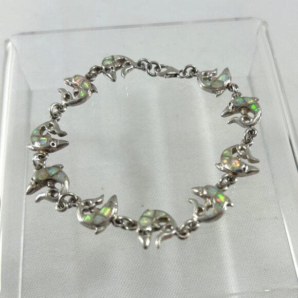 Childs Size Bracelet 7" Silver Tone Dolphins Abalone Ocean Sea Beach - Picture 2 of 5